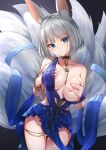  1girl animal_ears azur_lane bangs blue_dress blue_eyes blush breasts choker dress eyeliner fox_ears fox_girl fox_tail grabbing_own_breast hand_under_clothes highres kaga_(azur_lane) kaga_(white-tailed_magnificence)_(azur_lane) kitsune large_breasts large_tail looking_at_viewer makeup multiple_tails nipples o-ring_dress short_hair silver_hair solo tail west_24 