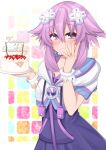  1girl birthday_cake blush cake dura eyebrows_visible_through_hair food hair_between_eyes hair_ornament happy_birthday highres kami_jigen_game_neptune_v looking_at_viewer neptune_(neptune_series) neptune_(series) purple_eyes purple_hair short_hair smile solo 