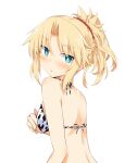  1girl :o back bangs bare_shoulders bikini black_bikini blonde_hair blush braid breasts chata_maru_(irori_sabou) commentary_request eyebrows_visible_through_hair fate/apocrypha fate_(series) from_side hair_between_eyes highres looking_at_viewer looking_to_the_side mordred_(fate) mordred_(fate)_(all) red_scrunchie scrunchie simple_background solo swimsuit upper_body white_background white_bikini 
