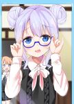  +_+ 2girls absurdres adjusting_eyewear bespectacled black_skirt blue-framed_eyewear blue_border blue_eyes blue_hair blush border bow brown_hair collared_shirt commentary_request double_bun glasses gochuumon_wa_usagi_desu_ka? hands_up highres hoto_cocoa kafuu_chino kousaka_nobaku long_sleeves looking_at_viewer multiple_girls open_mouth pleated_skirt semi-rimless_eyewear shirt skirt solo_focus sweater_vest under-rim_eyewear upper_body white_bow white_shirt 