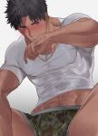  1boy abs bara black_eyes black_hair blush bulge camouflage_underwear covered_nipples haiki_(tegusu) highres jewelry male_focus muscular muscular_male navel necklace original pectorals print_male_underwear shirt shirt_lift short_hair solo spread_legs stomach sweat thick_thighs thighs tight_shirt wet wet_clothes wet_shirt white_background white_shirt wiping_face 