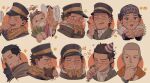  3boys :q ^_^ ainu_clothes alternate_costume asirpa asirpa_(cosplay) bear blue_jacket blush brown_eyes brown_hair buttons buzz_cut chibi chin_stroking closed_eyes collared_jacket cosplay emoji expressions finger_to_mouth golden_kamuy hat headband highres imperial_japanese_army jacket kepi kotta_(pesan102) long_sleeves male_focus military military_hat military_uniform multiple_boys ogata_hyakunosuke party_hat party_whistle plant scar scar_on_cheek scar_on_face scar_on_mouth scar_on_nose scarf shiraishi_yoshitake short_hair shushing simple_background smile spiked_hair sugimoto_saichi tongue tongue_out uniform very_short_hair x_x yellow_scarf younger 