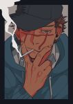  1boy :/ alternate_costume blue_hoodie brown_eyes brown_hair casual cigarette face golden_kamuy hat highres hood hoodie kotta_(pesan102) long_sleeves male_focus scar scar_on_cheek scar_on_face scar_on_mouth scar_on_nose short_hair simple_background smoking solo spiked_hair sugimoto_saichi 