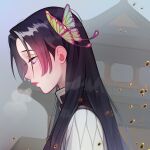  1girl black_hair butterfly_hair_ornament closed_mouth commentary english_commentary from_side gradient_hair hair_ornament highres kimetsu_no_yaiba kochou_kanae lavelis long_hair looking_down multicolored_hair pink_hair pink_lips profile purple_eyes sad solo upper_body 