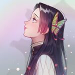  1girl black_hair butterfly_hair_ornament closed_mouth commentary english_commentary from_side gradient_hair hair_ornament highres kimetsu_no_yaiba kochou_kanae lavelis long_hair looking_up multicolored_hair pink_hair pink_lips profile purple_eyes smile solo upper_body 