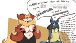  anthro areola blush breast_grab breasts delphox dialogue duo embarrassed english_text erect_nipples female fluffy fur_collar grope hand_on_breast hetfli hi_res lucario male nervous nintendo nipples pok&eacute;mon pok&eacute;mon_(species) profanity self_grope slightly_chubby speech_bubble standing text video_games word_art 