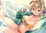  bikini braids brown_hair cropped glasses natsume_eri navel open_shirt original swimsuit water yellow_eyes 