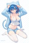  1girl animal_ears animal_hood arms_up artist_name bangs bare_shoulders blue_eyes blue_hair blue_shorts blush breasts cat_ears cat_hood cat_tail cleavage closed_mouth collarbone commentary_request crop_top eikaa full_body groin hair_ornament hands_up hood jacket large_breasts long_sleeves looking_at_viewer midriff navel no_shoes open_clothes open_jacket re:zero_kara_hajimeru_isekai_seikatsu rem_(re:zero) short_hair short_shorts shorts sitting solo striped tail thighhighs wariza white_legwear x_hair_ornament 
