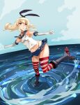  1girl black_hairband black_panties blonde_hair blue_sky cloud crop_top dutch_angle elbow_gloves gloves grey_eyes hairband highleg highleg_panties kantai_collection long_hair miniskirt navel ocean panties rudder_footwear school_uniform serafuku shimakaze_(kantai_collection) skirt sky striped striped_legwear thighhighs underwear whirlpool white_gloves yamaioni_(sasakama) 