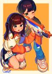  1boy 1girl absurdres aiming black_hair blue_eyes blush_stickers border brown_eyes brown_hair character_request child denim gun headset highres holding holding_gun holding_weapon huge_filesize jeans long_sleeves medium_hair moai_(more_e_4km) mole mole_under_eye name_tag nerf_gun one_eye_closed one_knee orange_background original outside_border pants pleated_skirt product_girl rifle shirt shoes skirt sneakers t-shirt toy_gun twintails weapon white_border 