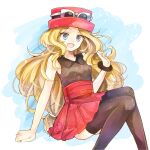  1girl arm_support blonde_hair bracelet brown_legwear commentary_request eyebrows_visible_through_hair eyewear_on_headwear grey_eyes hat highres jewelry long_hair open_mouth pleated_skirt pokemon pokemon_(game) pokemon_xy red_skirt serena_(pokemon) shirt skirt sleeveless sleeveless_shirt smile solo sunglasses thighhighs tongue yomogi_(black-elf) 