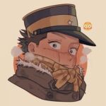  1boy alternate_costume blush brown_eyes brown_hair chibi close-up emoji face golden_kamuy hat imperial_japanese_army kepi knot kotta_(pesan102) male_focus military_hat scar scar_on_cheek scar_on_face scar_on_mouth scar_on_nose scarf short_hair simple_background solo spiked_hair sugimoto_saichi winter_clothes yellow_scarf 