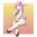  1:1 2021 absurd_res anthro border bovid caprine clothed clothing female fingers gradient_background hi_res hooved_fingers looking_at_viewer louart mammal purple_eyes sheep simple_background sitting smile solo thick_thighs white_body white_border 