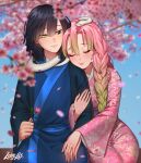  1boy 1girl arm_hug black_hair blurry blurry_background braid cherry_blossoms closed_mouth commentary depth_of_field english_commentary fingernails floral_print flower gradient_hair green_eyes green_hair haori heterochromia highres holding holding_flower iguro_obanai japanese_clothes kanroji_mitsuri kimetsu_no_yaiba kimono lavelis long_hair long_sleeves medium_hair mole mole_under_eye multicolored_hair obi pink_flower pink_hair pink_kimono sash signature sitting smile snake white_snake yellow_eyes 