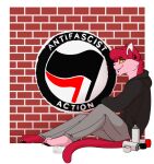  alpha_channel anthro antifa brick_wall claws clothed clothing domestic_cat ear_piercing english_text felid feline felis fully_clothed fur graffiti head_tuft james_(spacemaverick) looking_at_viewer male mammal paint piercing pink_body pink_fur politics punk smile solo spacemaverick spray_can spray_paint text tuft wall_(structure) yellow_eyes 