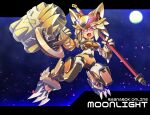  1girl android cannon character_name claws clenched_hand commentary_request commission copyright_name crossover fang full_body haiteku_reibou highres holding holding_staff letterboxed looking_at_viewer mecha_musume mechanical_arms mechanical_ears mechanical_legs mechanization moon moonlight_flower night open_mouth ragnarok_online red_eyes rockman science_fiction second-party_source skeb_commission skin_fang solo staff 