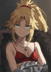  1girl bangs bare_shoulders blonde_hair bra braid breasts cleavage closed_mouth collarbone fate/apocrypha fate_(series) gauntlets green_eyes hair_ornament highres jewelry long_hair looking_at_viewer mordred_(fate) mordred_(fate)_(all) necklace parted_bangs red_bra red_scrunchie scrunchie small_breasts smile solo tonee underwear upper_body 