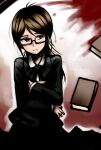  1girl alternate_costume bangs book book_hug brown_hair closed_mouth collared_shirt commentary_request danganronpa:_trigger_happy_havoc danganronpa_(series) formal frown fukawa_touko glasses highres holding holding_book jacket long_hair long_sleeves looking_at_viewer messy_hair mole mole_under_mouth necktie nico_(nico_alice) red_background school_uniform semi-rimless_eyewear shirt skirt solo under-rim_eyewear 