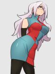  1girl android_21 arms_behind_back breasts checkered checkered_dress closed_mouth dragon_ball dragon_ball_fighterz dress earrings glasses grey_background hair_over_one_eye hoop_earrings jewelry kemachiku long_hair looking_at_viewer medium_breasts pantyhose simple_background solo white_hair 