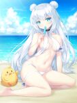  +_+ 1girl aqua_eyes azur_lane bangs bare_legs bare_shoulders barefoot beach bikini bird blue_sky breasts chick cleavage cloud cloudy_sky collarbone commentary_request double_bun eating eyebrows_visible_through_hair eyes_visible_through_hair food highres holding horizon kyousaki_nao le_malin_(azur_lane) le_malin_(wednesday&#039;s_retreat)_(azur_lane) long_hair looking_at_viewer manjuu_(azur_lane) midriff navel ocean popsicle sidelocks sitting sky small_breasts swimsuit symbol-shaped_pupils thighs white_bikini white_hair white_swimsuit 