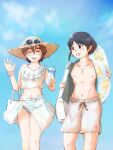  1boy 1girl bag bikini black_hair brown_hair captain_(kemono_friends) closed_eyes crop_top day eyewear_on_head genderswap genderswap_(ftm) genderswap_(mtf) hair_between_eyes hair_ornament hat jewelry kemono_friends kemono_friends_3 looking_at_another male_swimwear mars_symbol navel nipples open_clothes open_shirt outdoors pendant saja_(166j357) see-through short_hair shoulder_bag side_ponytail skirt smile stomach straw_hat sunglasses swim_trunks swimsuit swimwear venus_symbol 