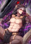 1boy abs absurdres areolae aura bangs bare_pecs collarbone commentary dark_aura dark_persona dragon english_commentary evil_grin evil_smile evomanaphy fire_emblem fire_emblem_awakening gloves glowing glowing_eyes grey_hair grima_(fire_emblem) grin hair_between_eyes half-closed_eyes highres hood hood_up leaning_back loincloth male_focus muscular muscular_male navel pantyhose pectorals red_eyes short_hair sitting slit_pupils smile spread_legs stomach torn_clothes 