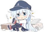  1girl :d anchor_symbol bag bangs black_headwear black_legwear black_sailor_collar black_skirt blue_eyes blue_hair blush box chibi commentary_request eyebrows_visible_through_hair flat_cap hair_between_eyes hat hibiki_(kantai_collection) hizuki_yayoi kantai_collection long_hair long_sleeves neckerchief open_mouth paper_bag pleated_skirt red_footwear red_neckwear sailor_collar school_uniform serafuku shirt shoe_soles shoes simple_background sitting skirt smile solo sparkle thighhighs translation_request very_long_hair white_background white_shirt 
