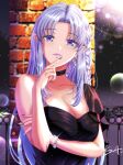  1girl asymmetrical_clothes bangs black_choker black_dress bracelet breasts brick_wall caster choker cleavage collarbone commentary_request dress earrings fate/stay_night fate_(series) fence finger_to_mouth head_tilt highres jewelry koya_(koya_x_00) large_breasts lipstick long_hair looking_at_viewer makeup nail_polish parted_bangs pointy_ears purple_eyes purple_hair purple_lipstick ring signature single_bare_shoulder solo upper_body 