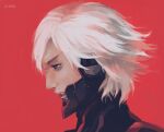  1boy artist_name blue_eyes cyborg kosan looking_down male_focus mechanical_parts metal_gear_(series) metal_gear_solid_4 parted_lips portrait profile raiden red_background short_hair simple_background solo white_hair 