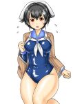  1girl bandana black_hair blue_sailor_collar blue_swimsuit breasts brown_shawl cowboy_shot eyebrows_visible_through_hair hair_between_eyes hair_flaps hair_ornament hairband hairclip jingei_(kantai_collection) kantai_collection kudou_(ooabareteng) large_breasts long_hair looking_at_viewer low_ponytail neckerchief one-piece_swimsuit red_eyes sailor_collar school_swimsuit shiny shiny_clothes shiny_swimsuit simple_background solo swimsuit two-tone_hairband whale_hair_ornament white_background white_neckwear 
