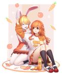  2girls :d animal_ears ass bangs black_legwear blonde_hair bottle braid breasts brown_skirt bunny_ears bunny_ears_prank bunny_tail carrot carrot_(one_piece) closed_eyes commentary_request food fruit furry happy highres jurrig kneehighs knees_up large_breasts long_hair long_sleeves looking_at_another miniskirt multiple_girls nami_(one_piece) one_piece open_mouth orange_hair orange_sweater plaid plaid_skirt rabbit_girl red_footwear seiza shoes short_hair sitting skirt smile sweater tail white_footwear white_fur white_sweater 