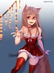  animal_humanoid breasts brown_hair canid canid_humanoid canine canine_humanoid canis christmas christmas_clothing clothed clothing erroten female hair hi_res holidays holo humanoid jewelry legwear long_hair looking_at_viewer mammal mammal_humanoid necklace red_eyes smile solo spice_and_wolf stockings wolf_humanoid 