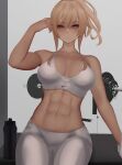  1girl abs absurdres blonde_hair blue_eyes bottle breasts cleavage exercise genshin_impact gym_uniform highres jean_gunnhildr large_breasts nike pants sidelocks tank_top thighs tied_hair toned towel water_bottle weights white_pants white_tank_top zaki_(zaki_btw) 