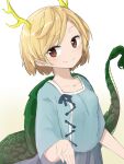  1girl bangs blonde_hair blue_shirt closed_mouth collarbone cowboy_shot dragon_horns dragon_tail eyebrows_visible_through_hair gradient gradient_background green_tail highres horns kicchou_yachie long_sleeves looking_at_viewer pleated_skirt red_eyes shirt short_hair skirt smile solo standing tail touhou turtle_shell tyouseki white_background yellow_background yellow_horns 