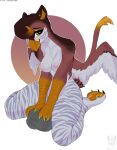  &lt;3 &lt;3_eyes anthro avian beak claws colored_nails doubleclawed ear_piercing feathers female fur green_nails gryphon hi_res humanoid mythological_avian mythology nails paws piercing rock solo stripes thick_thighs wings 