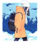  1girl backpack bag beanie black_bag black_hair black_pants border cowboy_shot cropped_legs from_side hand_in_pocket hat highres hood hood_down jacket kan0nakan0 long_hair original pants profile red_jacket scarf solo white_border white_headwear 