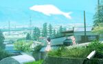  2girls arm_support black_hair blonde_hair building cellphone cityscape cloud curtains grass greenhouse hands_up highres house inami_hatoko ladder leaning_forward long_hair looking_to_the_side mountain mountainous_horizon multiple_girls original outdoors phone power_lines railing road rural scenery school_uniform serafuku sky smartphone smile taking_picture tree utility_pole whale 