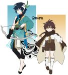  2boys arrow_(projectile) bangs belt black_hair blue_hair bow_(weapon) braid brown_hair cape child closed_mouth earrings eyebrows_visible_through_hair flower genshin_impact gloves gradient_hair green_eyes hair_between_eyes hair_flower hair_ornament holding holding_bow_(weapon) holding_weapon jewelry leaf long_hair long_sleeves looking_at_viewer male_focus multicolored_hair multiple_boys n4391 otoko_no_ko ponytail scarf shorts simple_background single_braid single_earring smile tassel tassel_earrings venti_(genshin_impact) vision_(genshin_impact) weapon white_background yellow_eyes younger zhongli_(genshin_impact) 