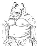  2013 4:5 anthro balls bdsm blush bondage bound clothed clothing erection felid genitals hi_res humanoid_genitalia humanoid_hands humanoid_penis kemono kuriusagi male mammal monochrome moobs nipples open_clothing open_shirt open_topwear overweight overweight_anthro overweight_male pantherine penis rope shirt simple_background sketch solo tiger topwear white_background 