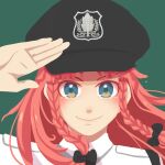  1girl alternate_costume braid hair_ribbon hat highres hong_meiling indonesian_commentary long_hair peaked_cap police police_uniform policewoman red_hair refrone ribbon salute touhou twin_braids uniform 