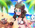  1girl :q alternate_costume antenna_hair bangs beach bikini bikini_top breasts brown_hair cloud commentary_request day dwebble eyebrows_visible_through_hair galarian_darumaka galarian_form gen_5_pokemon gen_8_pokemon heart heart-shaped_eyewear hilda_(pokemon) innertube jeri20 looking_at_viewer oshawott outdoors petilil pokemon pokemon_(creature) pokemon_(game) pokemon_bw sandile shiny shiny_skin shore sidelocks sky smile sunglasses swimsuit tongue tongue_out vanillite 