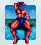  absurd_res blue_clothing blue_swimming_trunks blue_swimwear bodily_fluids bulge clothing demon demon_humanoid genital_outline hair hi_res horn humanoid male muscular muscular_humanoid muscular_male not_furry pink_hair poolside red_body red_skin sharp_teeth slydollis solo sweat swimming_pool swimming_trunks swimwear teeth tight_clothing yellow_eyes 