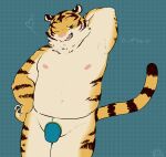  &lt;3 2017 anthro belly bulge clothing felid hi_res japanese_text kemono kuriusagi male mammal nipples one_eye_closed overweight overweight_anthro overweight_male pantherine solo text tiger underwear wink 