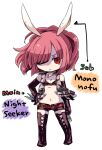  1girl :&lt; animal_ears bare_shoulders belt chibi cross-laced_footwear elbow_gloves english_text flat_chest full_body gameplay_mechanics gloves hair_over_one_eye medium_hair mononofu_(sekaiju) navel night_seeker_(sekaiju) pale_skin pink_hair pote_(ptkan) red_eyes sekaiju_no_meikyuu sekaiju_no_meikyuu_4 short_shorts shorts simple_background solo standing thighhighs white_background 