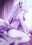  anthro bed bedding biped bra canid canine claws clothing colored_nails curtains curtains_open female fox fur furniture hair hi_res lingerie long_hair mammal nails panties purplelemons red_body red_fur red_nails solo thong underwear white_body white_fur white_hair window 