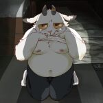  1:1 2015 anthro belly bodily_fluids bottomwear bovid caprine clothing fur goat kemono kuriusagi male mammal moobs navel nipples overweight overweight_anthro overweight_male pants scared shirt solo tears topwear white_body white_fur 