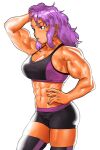  1girl abs arm_up bare_shoulders biceps black_shorts blush borrowed_character breasts cessa cleavage cowboy_shot hand_on_hip large_breasts long_hair muscular muscular_female original parted_lips purple_eyes purple_hair shorts simple_background solo sports_bra thighhighs veins white_background 