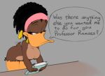  afro alfred_j._kwak_(series) anatid anseriform anthro areola avian billboi bird book breasts brown_body brown_feathers duck english_text feathers female looking_back neckwear nipples non-mammal_breasts nude simple_background solo standing text winnie_(ajk) 