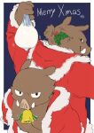  2017 anthro belly brown_body brown_fur christmas clothing condom duo filled_condom fur hi_res holidays hoodie humanoid_hands kemono kuriusagi male mammal navel overweight overweight_male sexual_barrier_device suid suina sus_(pig) topwear wild_boar 