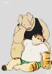 2017 absurd_res anthro belly clothing domestic_pig duo eyes_closed felid hi_res humanoid_hands kemono kuriusagi male mammal overweight overweight_male pantherine shirt simple_background sitting suid suina sus_(pig) tiger topwear underwear 